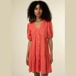 FRNCH Cindy Textured Lightweigh Gauze Dress in Coral | Medium